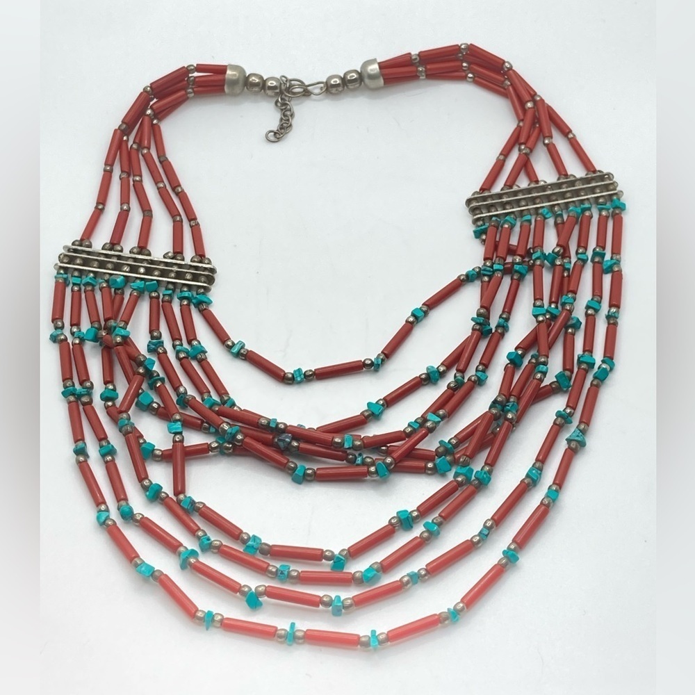 VTG Tibet Coral Tube Bead & Turquoise Chunk Multi Strand Statement Necklace 22”